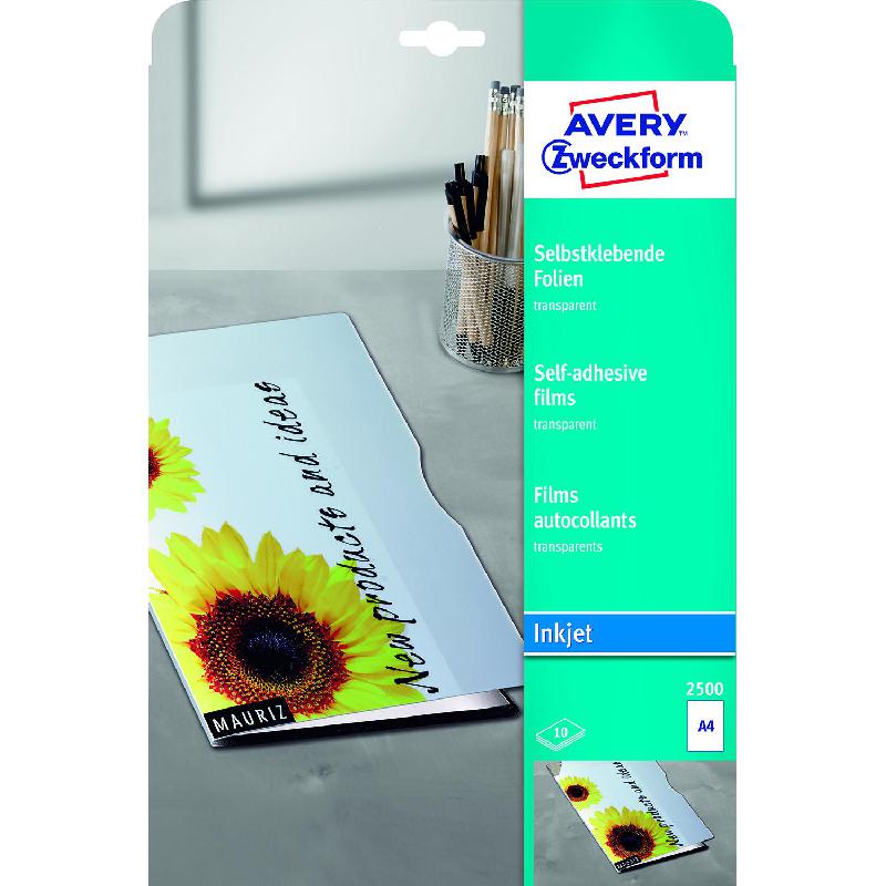 Avery Zweckform Self-adhesive Films, A4, Rectangle, Clear, 10 Labels/Pack