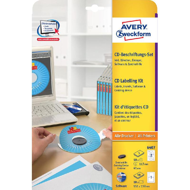 Avery Zweckform CD/DVD Labels, 117 mm Diameter, Round Labels;Square Inserts, White, 10 Labels and Insert Sets