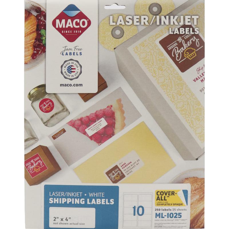 Maco Multipurpose Labels, 2" X 4", Rectangle, White, 250 Labels/Pack