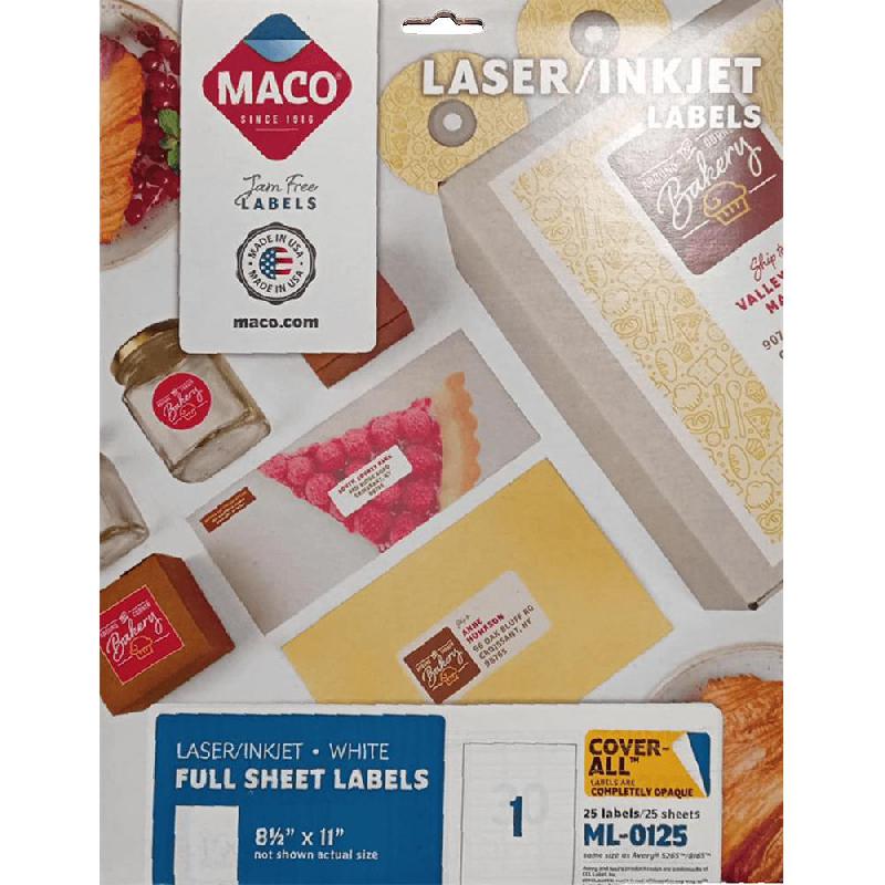 Maco Multipurpose Labels, 11" X 8.5", Rectangle, White, 25 Labels/Pack