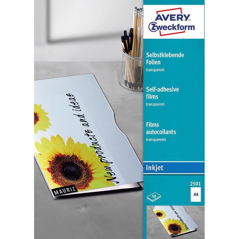 Avery Zweckform Self-adhesive Films, A4, Rectangle, Clear, 50 Labels/Pack