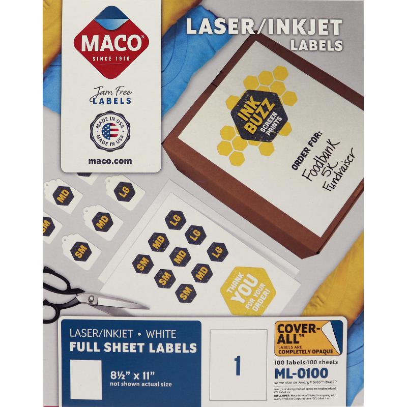 Maco Multipurpose Labels, 11" X 8.5", Rectangle, White, 100 Labels/Pack