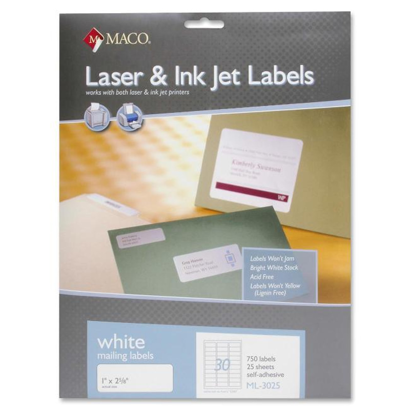 Maco Multipurpose Labels, 1" X 2-5/8", Rectangle, White, 750 Labels/Pack
