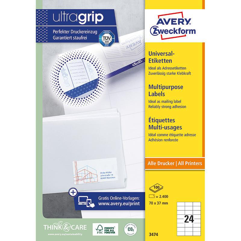 Avery Zweckform UltraGrip Multipurpose Labels, A4, Rectangle, White, 24 Labels/Sheet