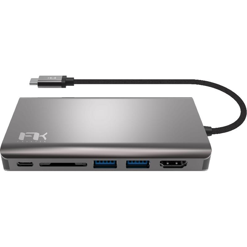 FeelTek C-Series 8-in-1 Multi-port Station, USB-C (3.1), 8 Port (RJ-45/2X USB-A/USB-C/SD Card/HDMI/VGA/Audio Output), Black/Grey