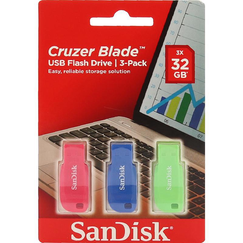 SanDisk Cruzer Blade (3-Pack) USB Flash Drive, 32 GB, Blue;Green;Pink