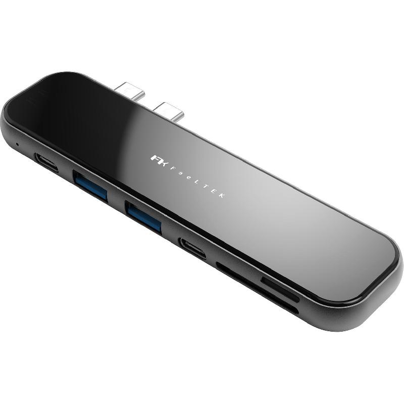 FeelTek Jet Glass (Dual USB-C) Multi-port Station, USB-C (3.0), 7 Port (2X USB 3.0/USB-C/HDMI/SD/MICRO SD/Thunderbolt 3), Black