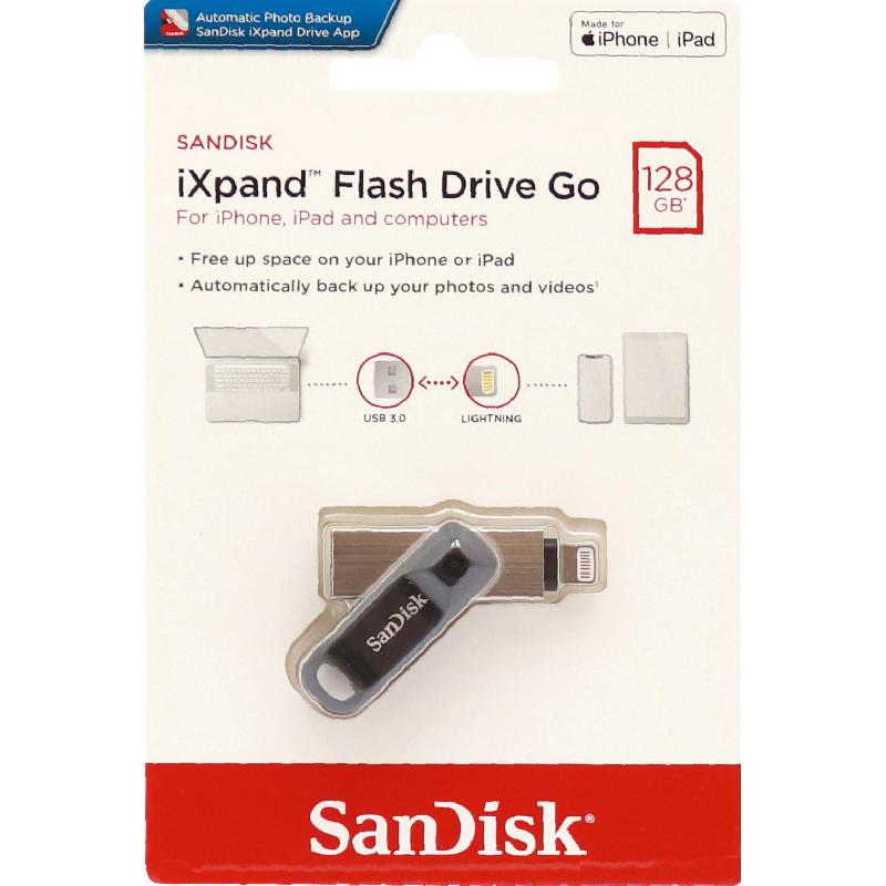 SanDisk iXpand Go OTG Drive (Lightning/USB), 128 GB, Black/Silver