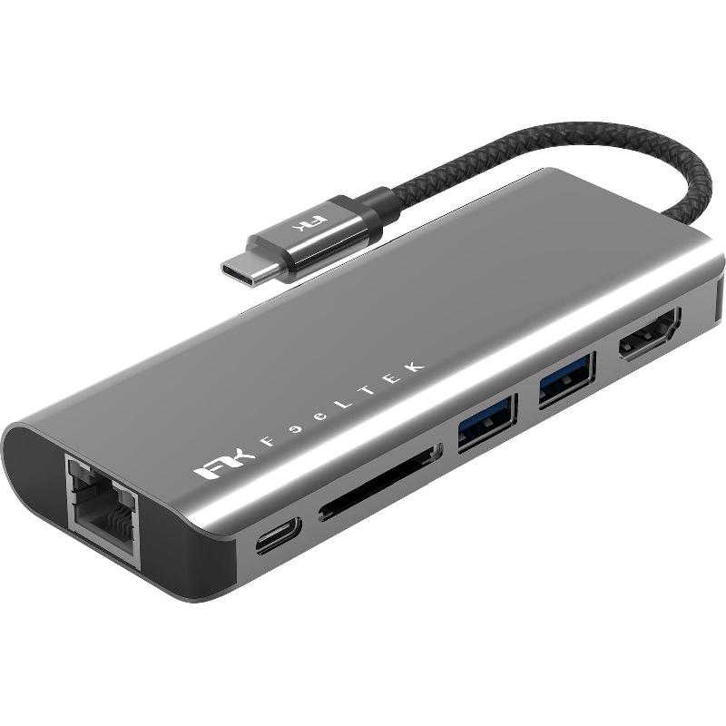 FeelTek Multi-port Station, USB-C, 6 Port (2X USB-A/USB-C/RJ-45/HDMI/SD), Grey