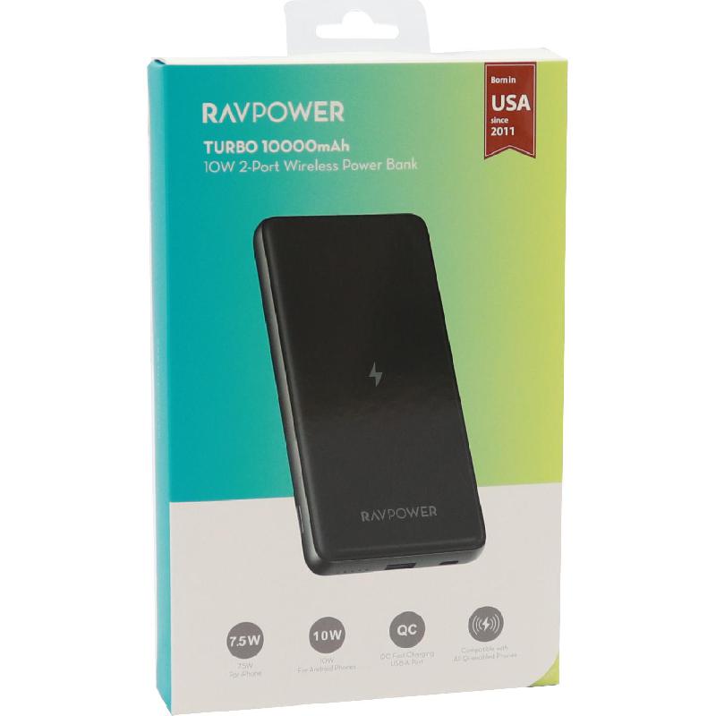 RAVPower Turbo Power Bank, Qi/PMA, 10000 mAh, Single USB, Black