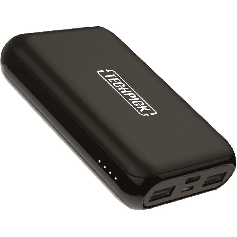 Techpick Power Bank, 10000 mAh, 3 USB (2X USB/1X USB-C), Black