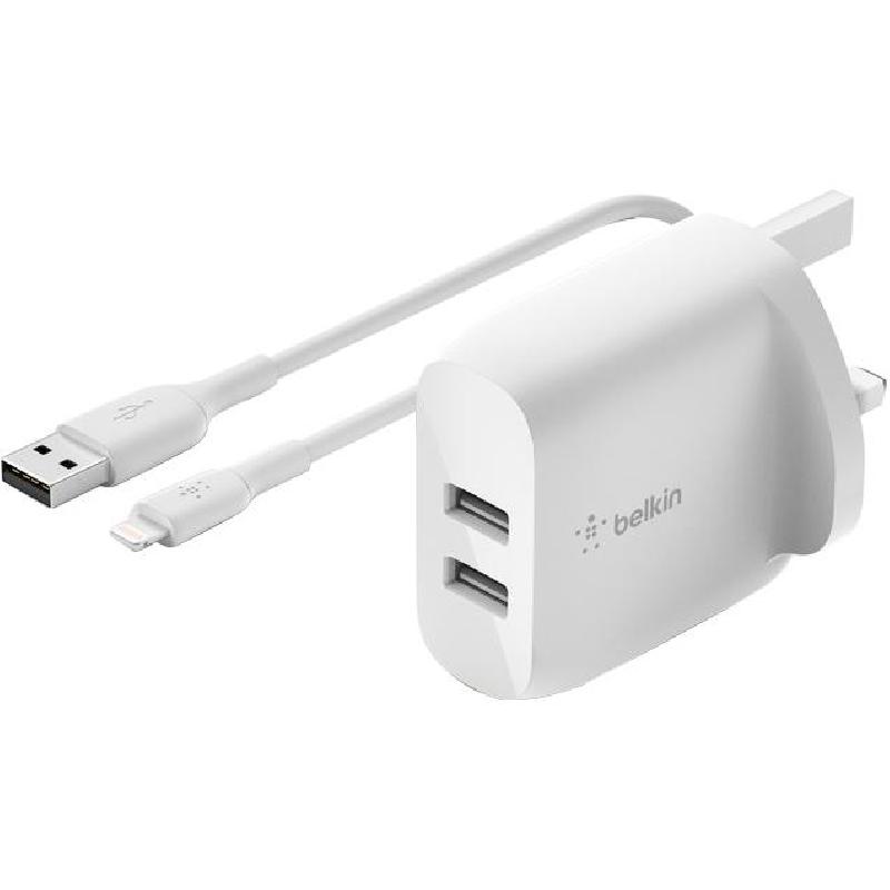Belkin BoostCharge Dual USB-A Wall Charger 24W + Lightning to USB-A Cable, Fast Battery Charging, 24 Watts, Dual USB, White