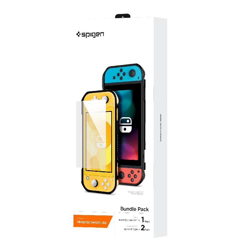 Spigen Rugged Armor Case & Screen Protector, Glass Protective Cover, for Nintendo Switch Lite, Black