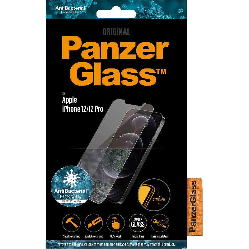 PanzerGlass Antibacterial Case Friendly Smartphone Screen Protector, Tempered Glass, Standard Fit, Clear, for iPhone 12/iPhone 12 Pro
