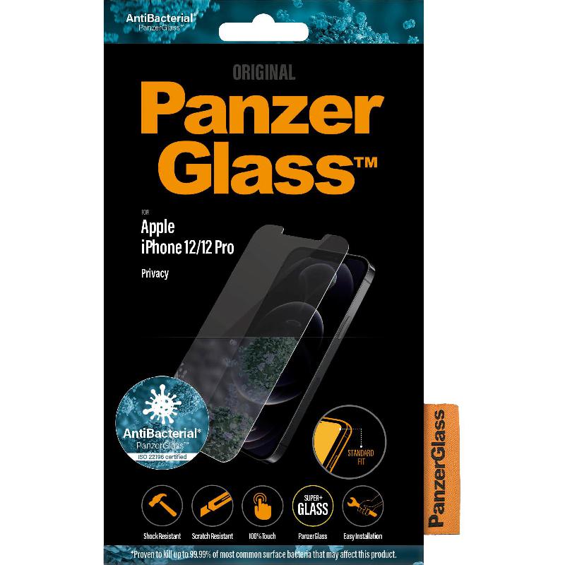 PanzerGlass Privacy Antibacterial Smartphone Screen Protector, Tempered Glass, Standard Fit, for iPhone 12/iPhone 12 Pro