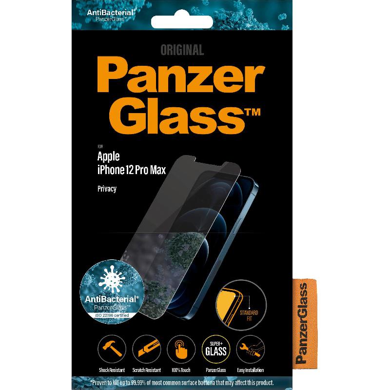 PanzerGlass Privacy Antibacterial Smartphone Screen Protector, Tempered Glass, Standard Fit, for iPhone 12 Pro Max