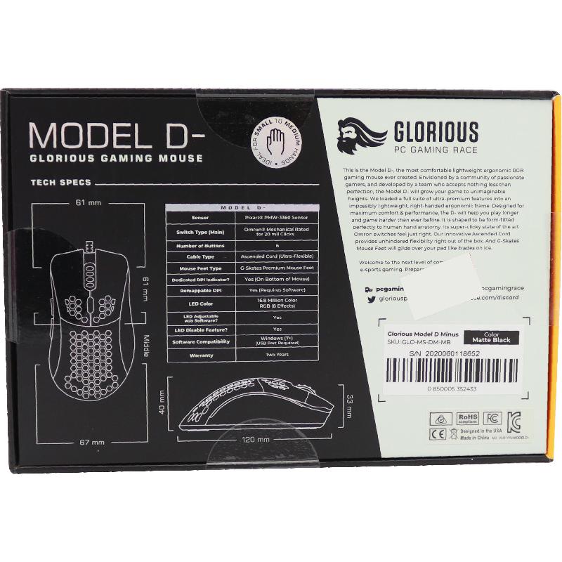 Glorious Model D- Gaming Mouse, Wired, Optical, PixArt PMW 3360 12000 dpi, Matte Black — 3