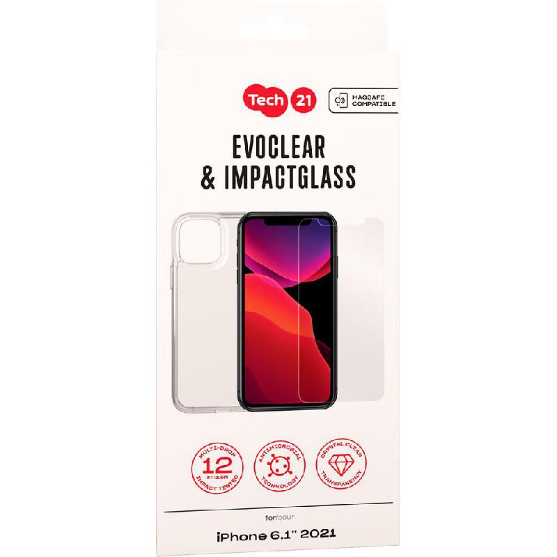 Tech21 Premium Protection Pack EvoClear & Impact Glass Smartphone Case Bundle, for iPhone 13, Clear