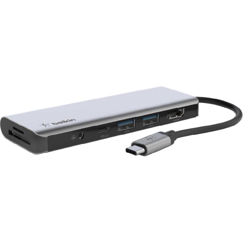Belkin Connect USB-C 7-in-1 Multi-port Station, USB-C, 7 Port (2X USB 3.0/USB-C/HDMI/SD/Micro SD/3.5 mm Connector I/O), Grey