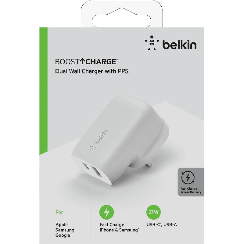 Belkin BoostCharge Dual Port Wall Charger with PPS 37W, Fast Battery Charging, 37 Watts, Dual USB (USB-A/USB-C), White