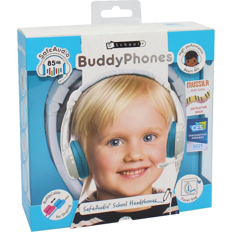 BuddyPhones School+ On-Ear Headphones, Wireless/Wired (Optional), USB (Charging), Built-in Microphone/Detachable Microphone, Blue