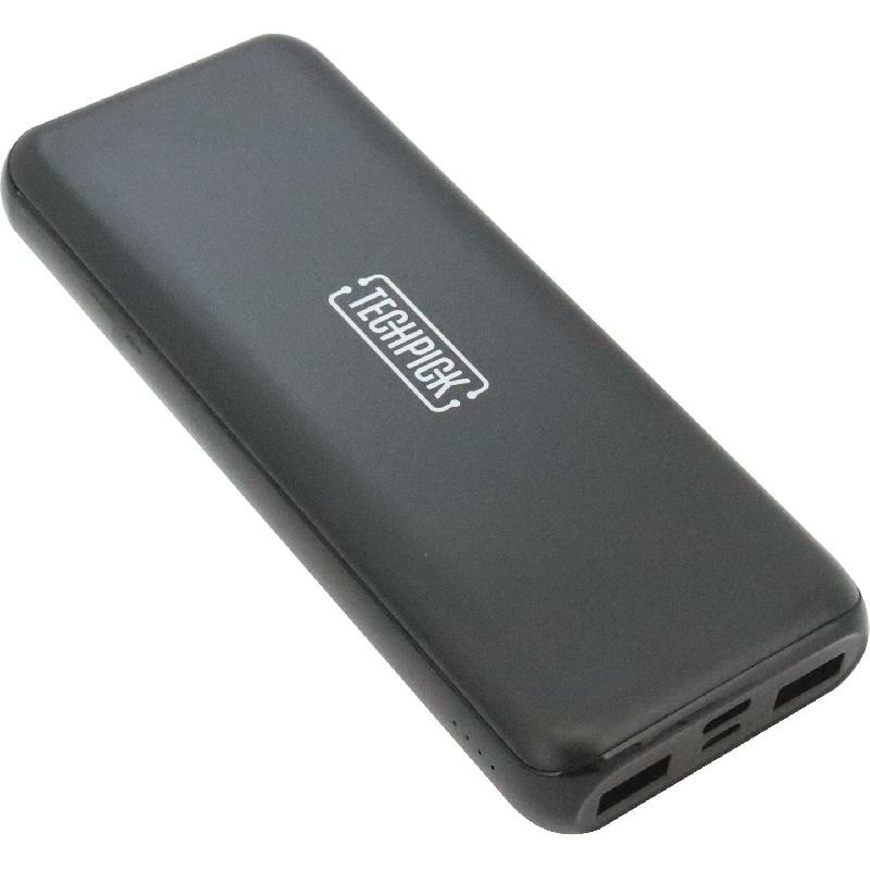 Techpick Power Bank, Fast Battery Charging, 20000 mAh, 3 USB (2X USB/1X USB-C), Black