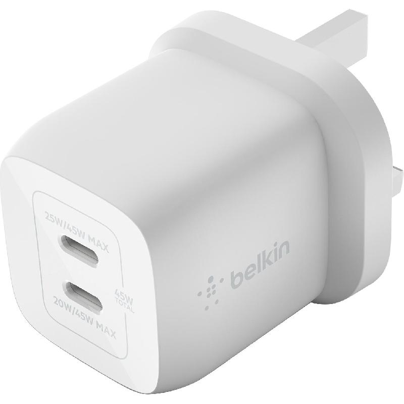Belkin BoostCharge Pro Dual USB-C GaN Wall Charger with PPS 45W, USB PD (Power Delivery), 45 Watts, Dual USB-C, White
