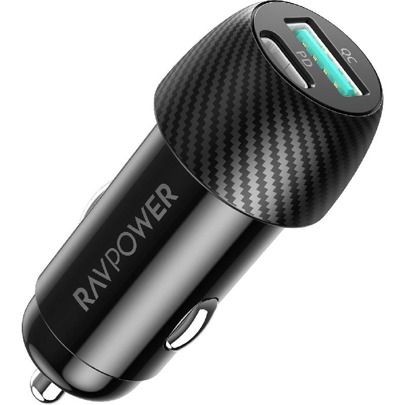 RAVPower PD Car Charger, USB PD (Power Delivery), 49 Watts, Dual USB (USB-A/USB-C), Black