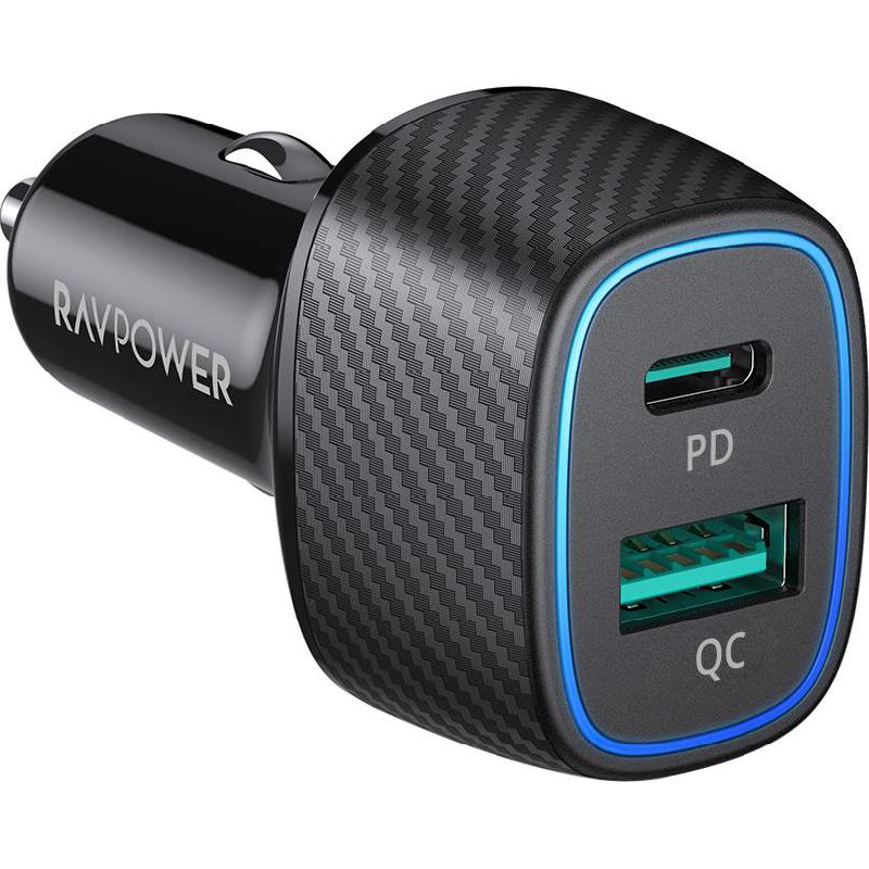 RAVPower Dual Port PD Car Charger, Quick Charge 3.0, 60 Watts, Dual USB (USB-A/USB-C), Black