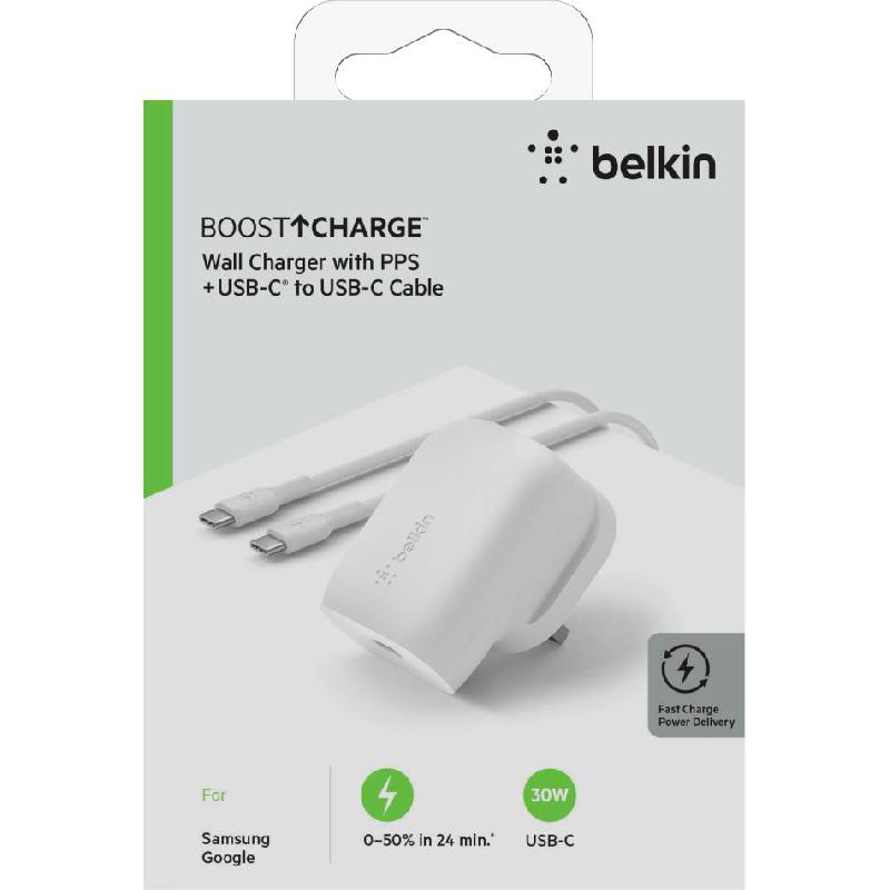Belkin BoostCharge USB-C PD 3.0 PPS Wall Charger 30W + USB-C to USB-C Cable, Fast Battery Charging, 30 Watts, Single USB-C, White