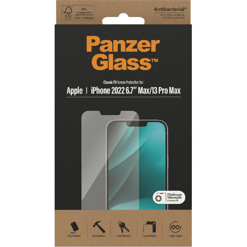 PanzerGlass Classic Fit Smartphone Screen Protector, Tempered Glass, Clear, for iPhone 14 Plus/iPhone 13 Pro Max