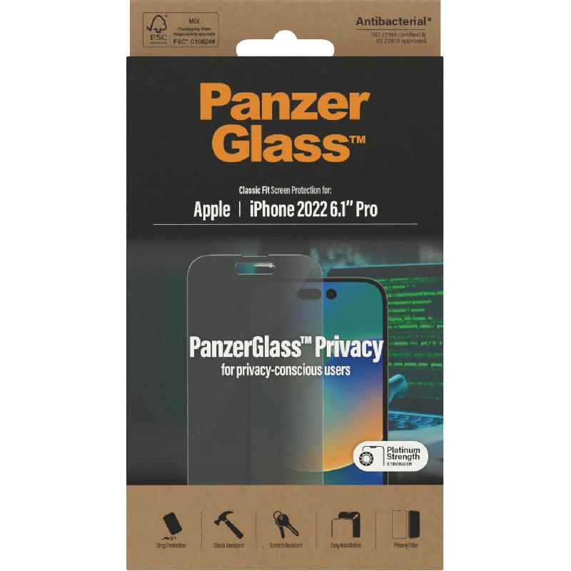 PanzerGlass Classic Fit Smartphone Screen Protector, Tempered Glass, Privacy, for iPhone 14 Pro