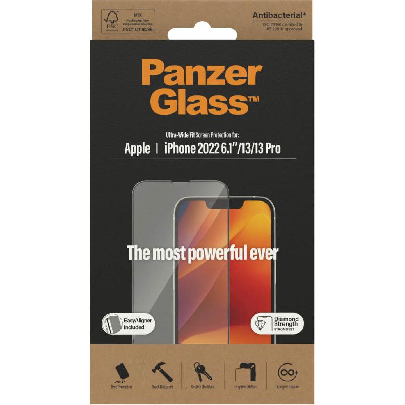 PanzerGlass Ultra-Wide Fit Smartphone Screen Protector, Tempered Glass, Clear, for iPhone 14/iPhone 13/iPhone 13 Pro