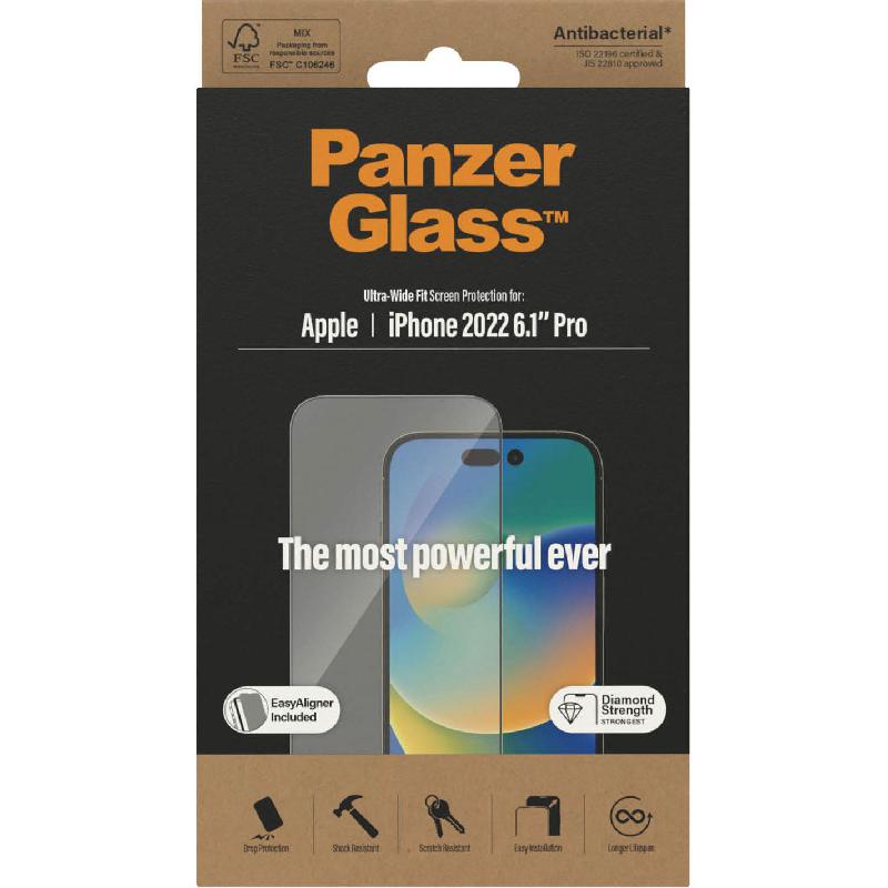 PanzerGlass Ultra-Wide Fit Smartphone Screen Protector, Tempered Glass, Clear, for iPhone 14 Pro