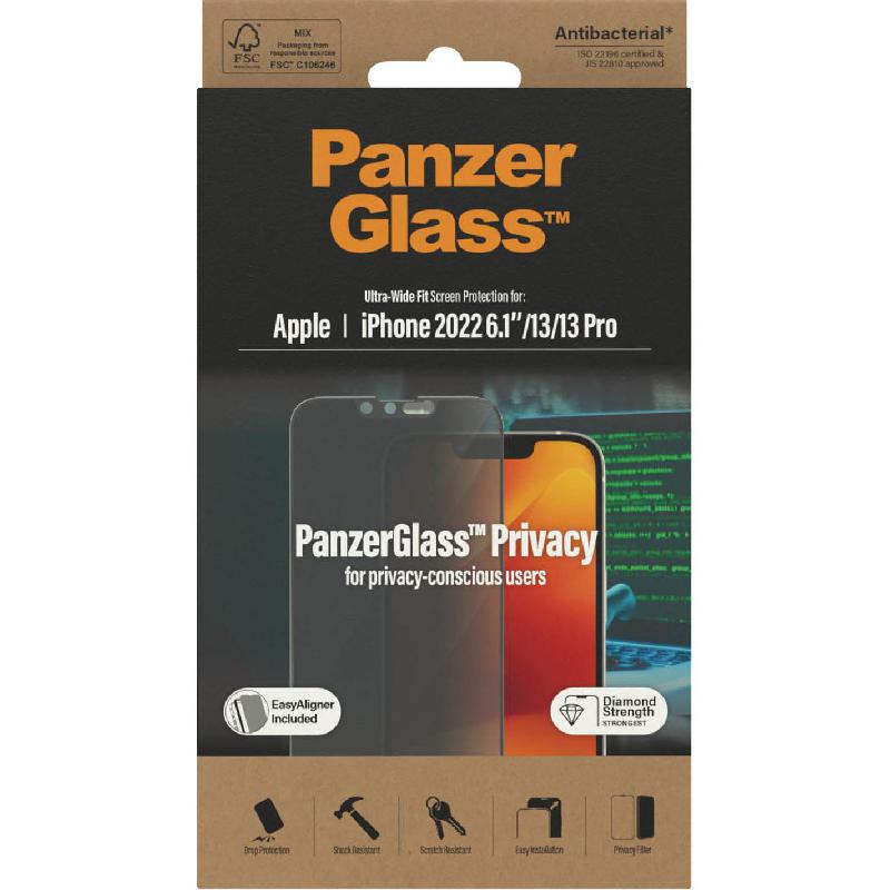 PanzerGlass Ultra-Wide Fit Smartphone Screen Protector, Tempered Glass, Privacy, for iPhone 14/iPhone 13/iPhone 13 Pro