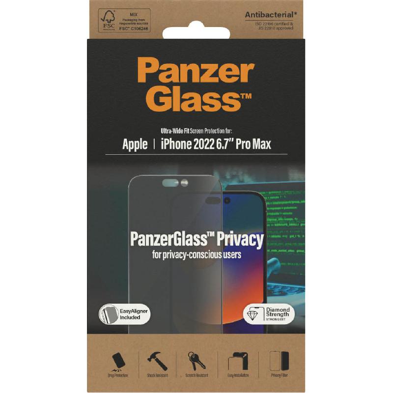 PanzerGlass Ultra-Wide Fit Smartphone Screen Protector, Tempered Glass, Privacy, for iPhone 14 Pro Max
