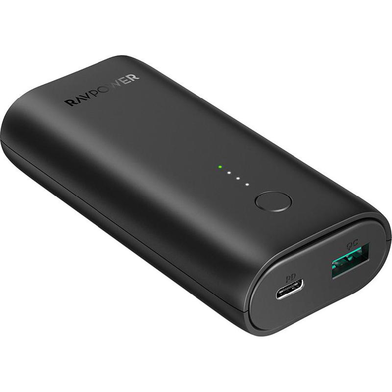 RAVPower PD Pioneer 20W 2-Port Mini Power Bank, 10000 mAh, Dual USB (USB (QC 3.0)/USB-C PD), Black