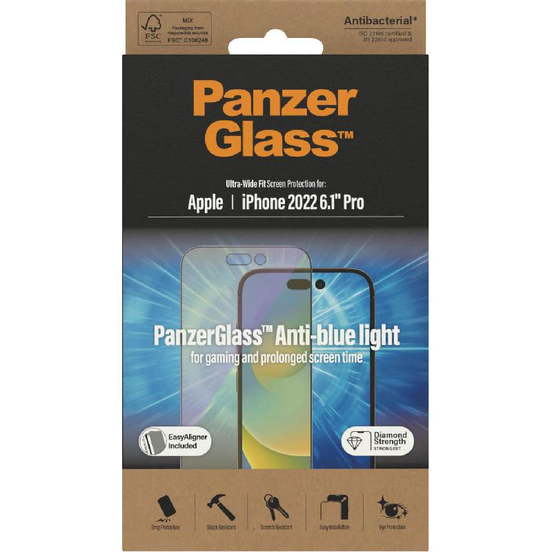 PanzerGlass Ultra-Wide Fit Smartphone Screen Protector, Tempered Glass, Anti-bluelight, for iPhone 14 Pro