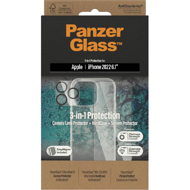 PanzerGlass 3-in-1 Pack Hard Case + Screen Protector + Camera Lens Protector Smartphone Case Bundle, for iPhone 14