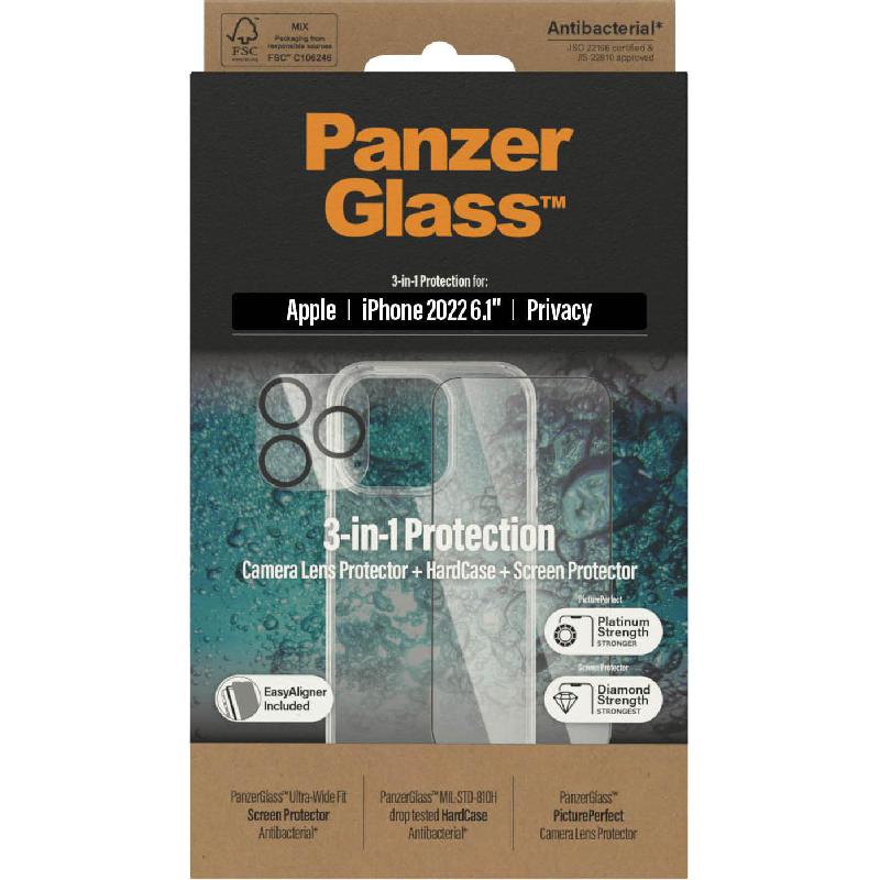 PanzerGlass Privacy 3-in-1 Hard Case + Privacy Tempered Glass + Camera Lens Protector Smartphone Case Bundle, for iPhone 14