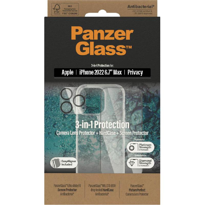 PanzerGlass Privacy 3-in-1 Hard Case + Privacy Tempered Glass + Camera Lens Protector Smartphone Case Bundle, for iPhone 14 Plus