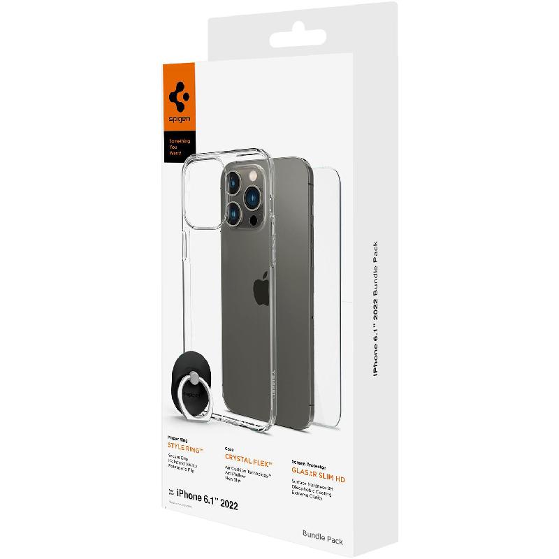 Spigen Crystal Flex Case + tR Slim HD Screen Protector + Style Ring Smartphone Case Bundle, for iPhone 14, Clear