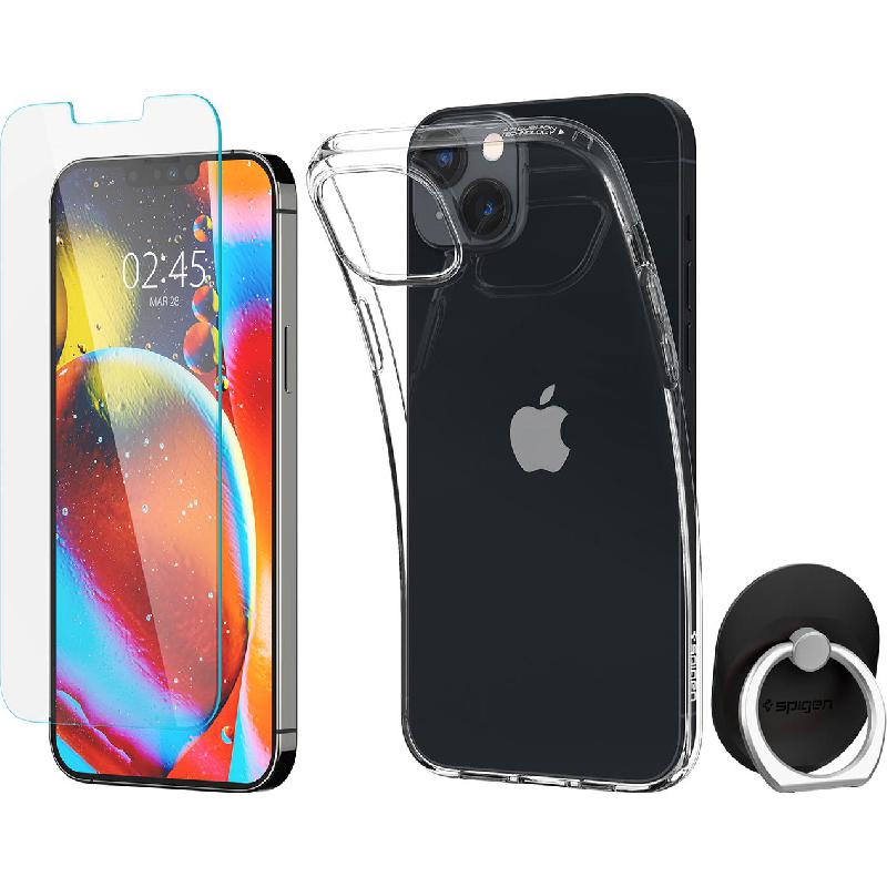 Spigen Crystal Flex Case + tR Slim HD Screen Protector + Style Ring Smartphone Case Bundle, for iPhone 14, Clear — 2