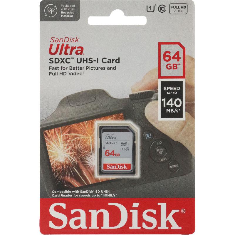 SanDisk Ultra UHS I SD Card, 64 GB, Class 10: Max 140 Mbps Speed Performance