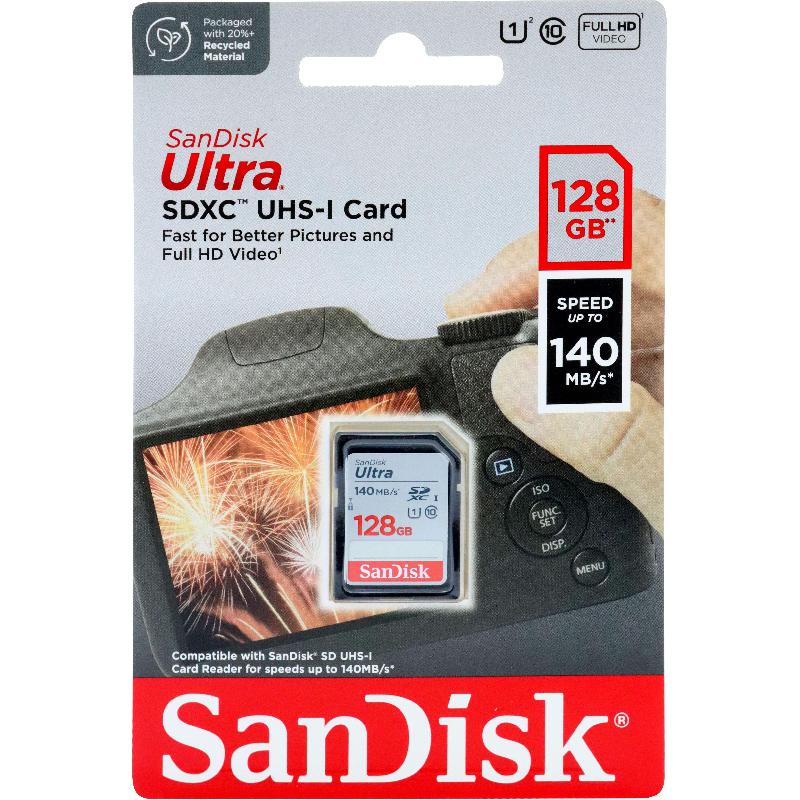 SanDisk Ultra UHS I SD Card, 128 GB, Class 10: Max 140 Mbps Speed Performance