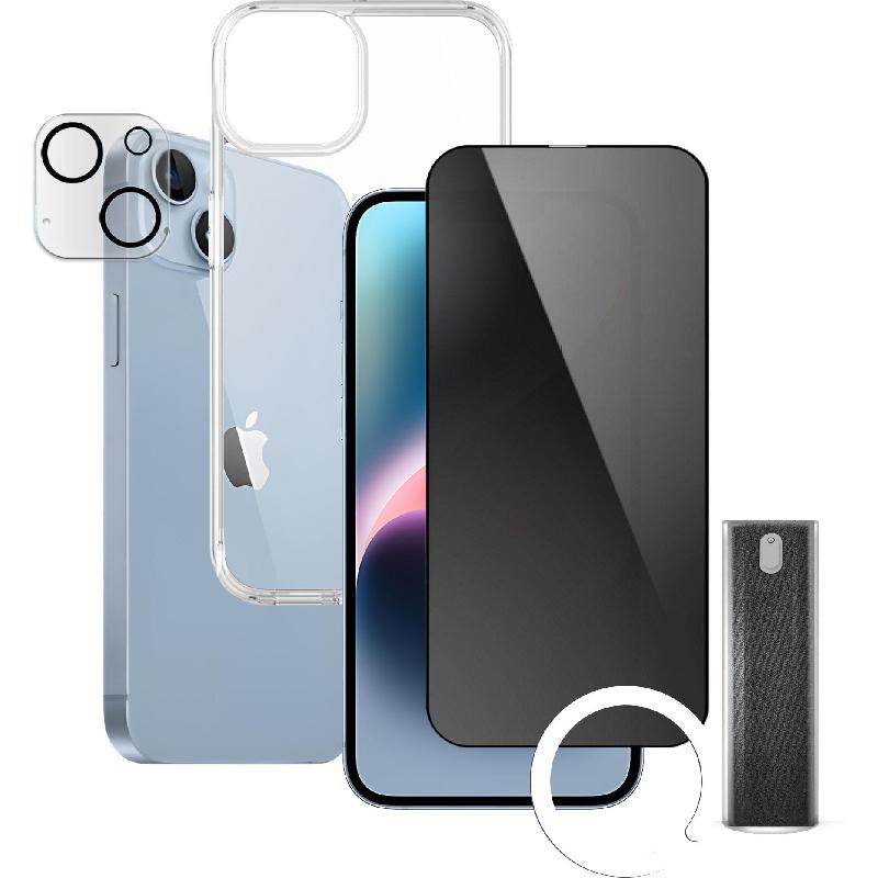 Xonda 4-in-1 Clear Case + Privacy Tempered Glass + Camera Lens + Anti-bacteria Spray Smartphone Case Bundle, for iPhone 14, Clear