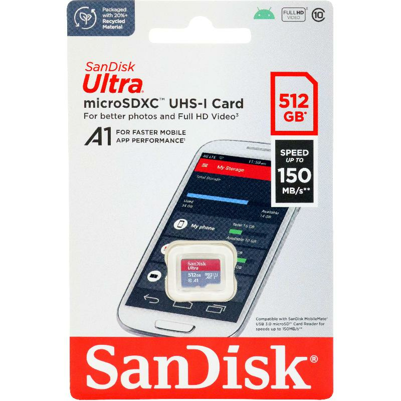 SanDisk Ultra UHS I MicroSDXC, 512 GB, Class 10: Max 150 Mbps Speed Performance