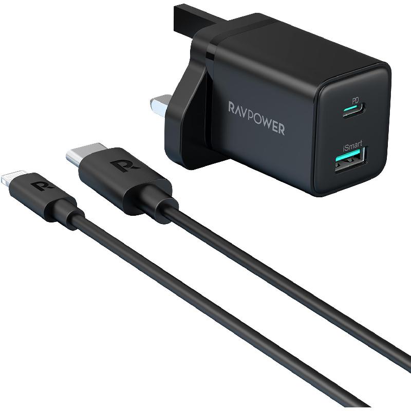 RAVPower PD Pioneer 2-Port Wall Charger, USB PD (Power Delivery), 20 Watts, Dual USB (USB 2.0/USB-C), Black