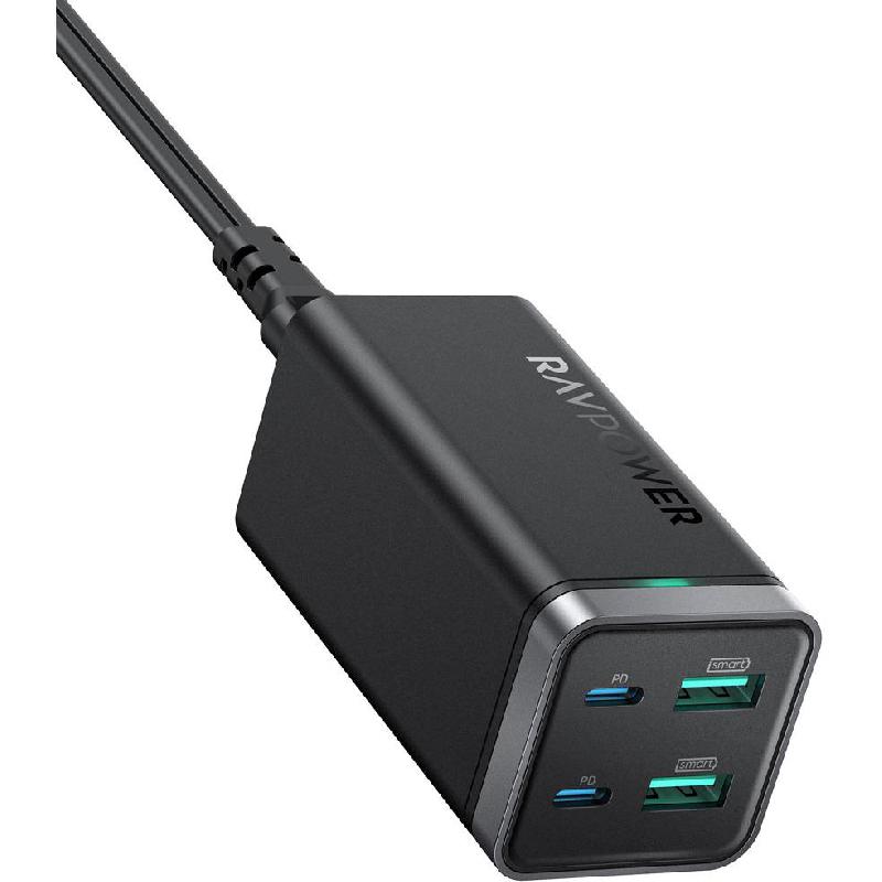 RAVPower PD Pioneer 4-Port GaN Desktop Charger, USB PD (Power Delivery), 65 Watts, 4 USB (2X USB/2X USB-C), Black