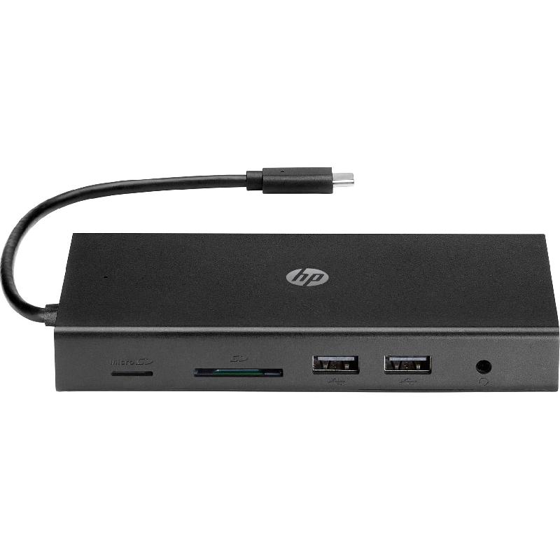 HP Travel Multi-port Station, USB-C, 11 Port (2X USB 2.0/2X 3.0/USB-C/HDMI/VGA/Audio Out/RJ-45/SD/Micro SD), Black